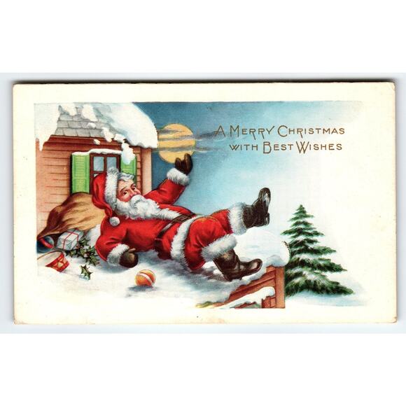 Vintage Santa Claus Falls On Roof Christmas Postcard Whitney Made 1910s Holiday - Picture 1 of 2